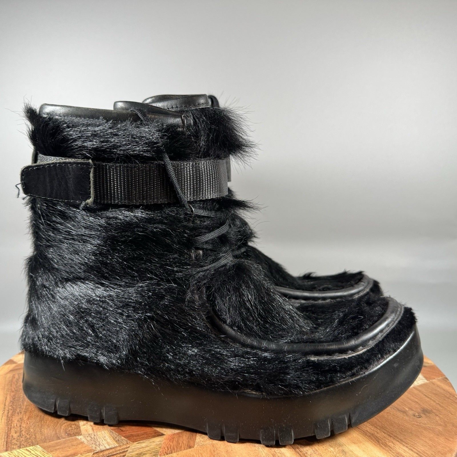 Vintage Prada Sport Black Ponyhair Boots Chunky Platform 90s Y2k Women 38.5 8.5
